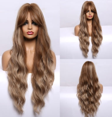 Female Eightcharacter Bangs Full Head Cover High Temperature Long Curly Hair Wig