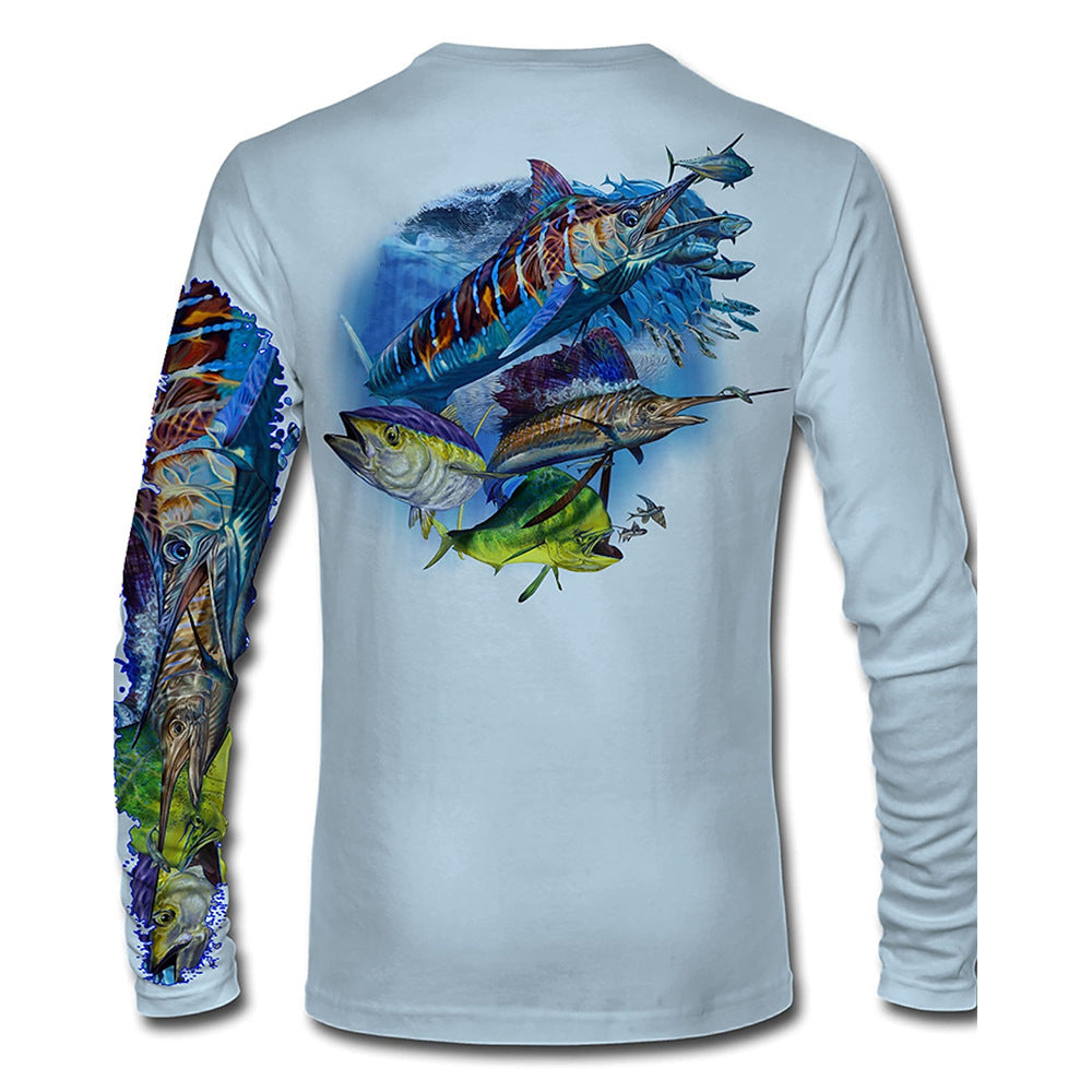 Men's Round Neck Pullover Fish Printed Long-sleeved Top