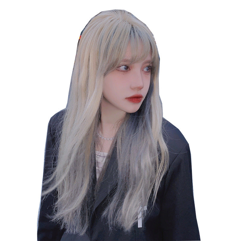 Linen Gold Haze Blue Wig Gradient Color Long Hair Headgear