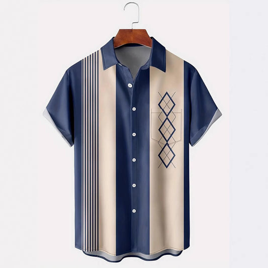 Men's Contrast Color Loose Short-sleeved Shirt Lapel