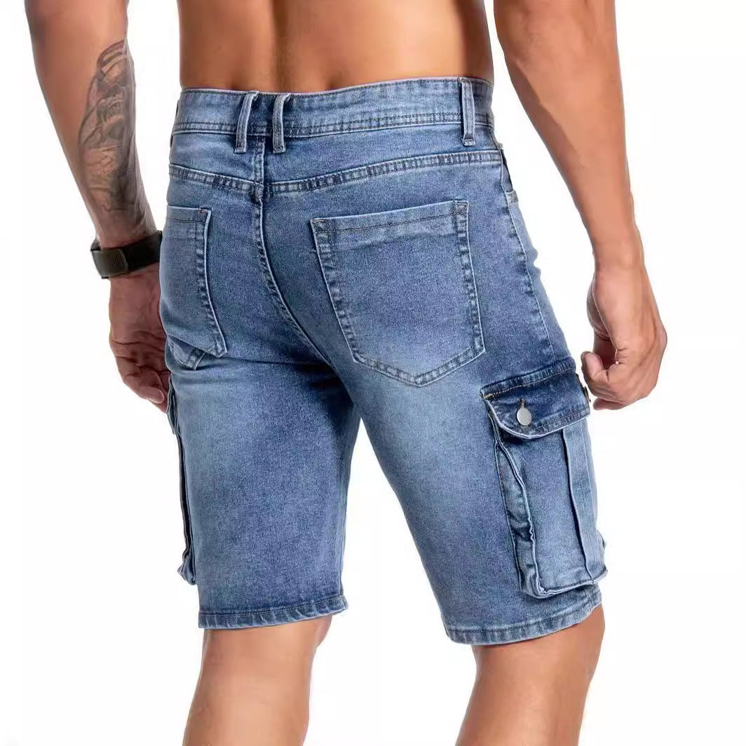 European And American Multi-pocket Micro-elastic Men's 5-point Workwear Casual Jeans