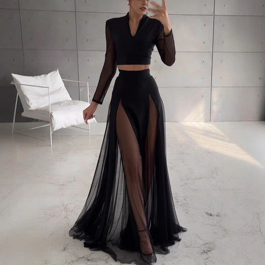 Elastic Mesh Splicing Long Sleeve Set + INS Resort Skirt Two-Piece Set