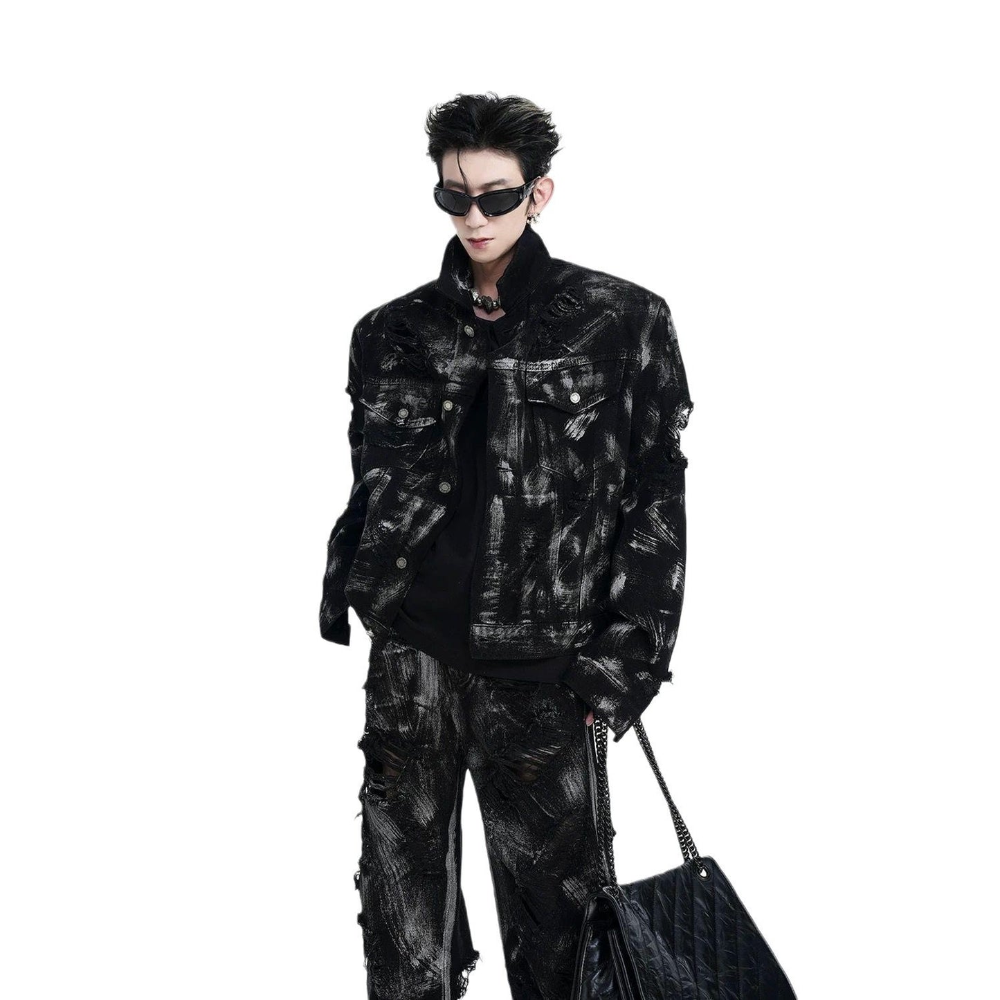 American Style High Street Wasteland Style Heavyweight Washed Graffiti Men's Long Pants Jacket