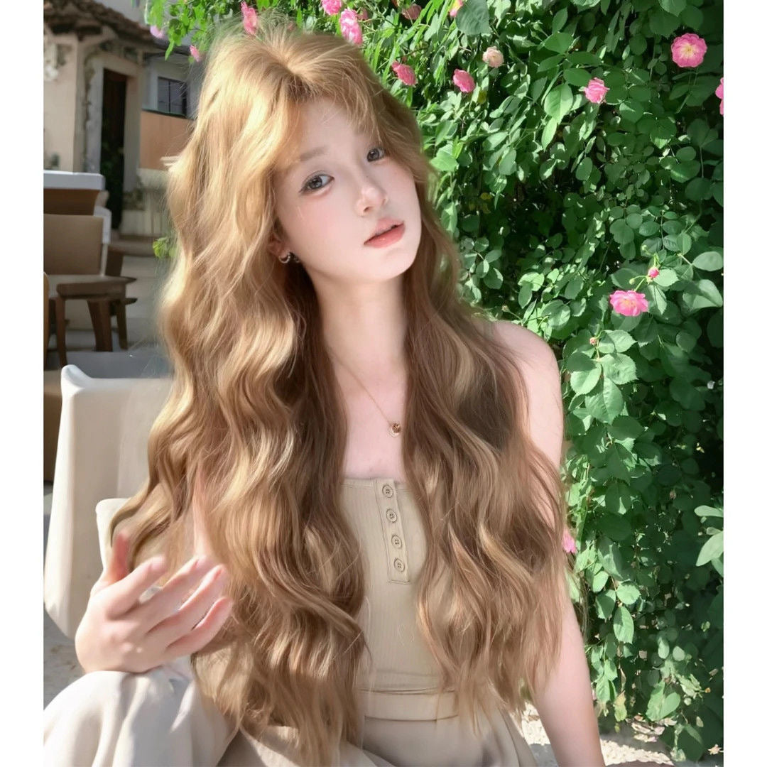 Wig Linen Brown Medium Long Curly Hair