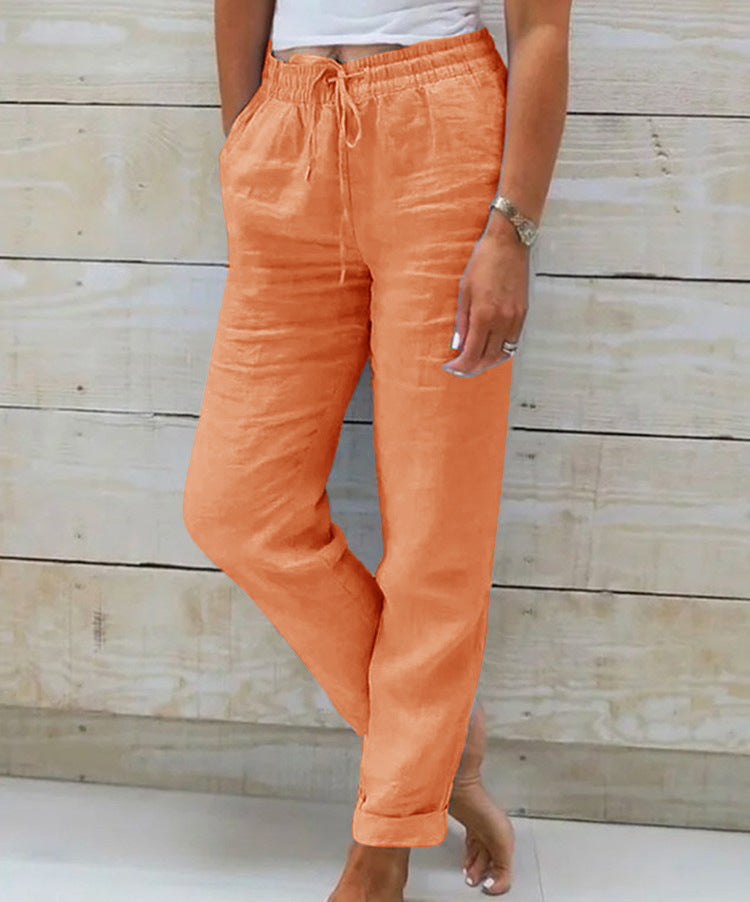 Elastic Waist Solid Cotton Hemp Pants