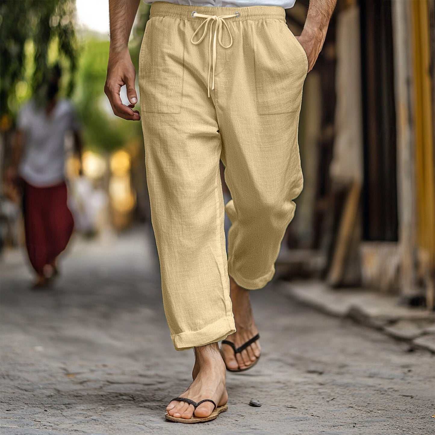 Men's Casual Summer Elastic Waist Drawstring Multi-pocket Cotton And Linen Trousers