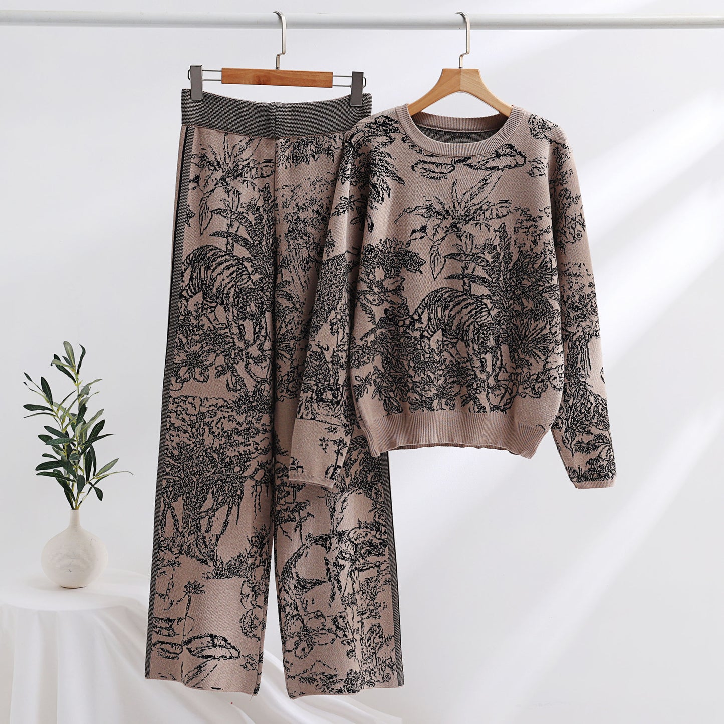 Knitting Patterns Two-piece Set Pullover Long Sleeve Sweater High Waist Wide Leg Top Suit
