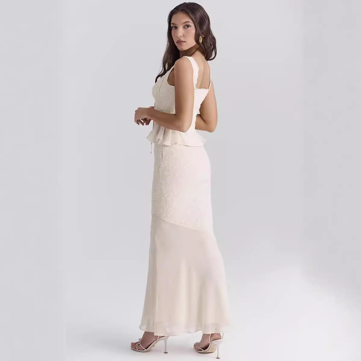 Lace ruffle edge camisole vest+high waisted embroidered spliced fish tail long skirt two-piece set