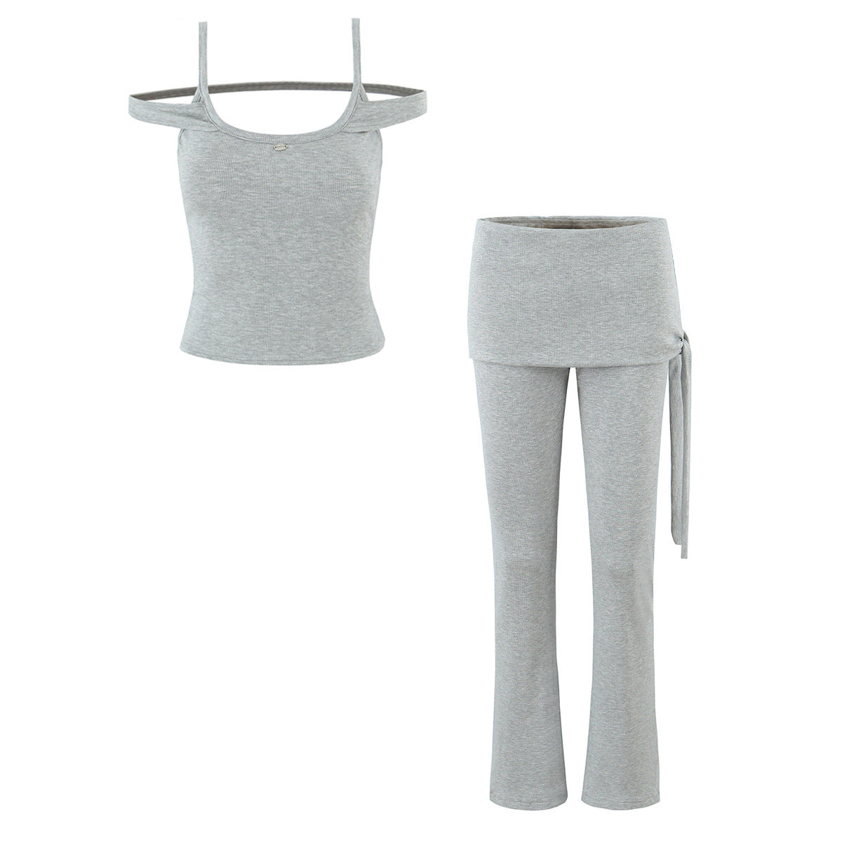 Off shoulder camisole vest+fake two-piece lace up hip hugging pants