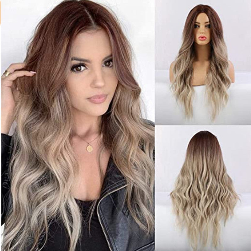 Women's Brown Gradation Golden Mid-length Curly Hair Wig Headgear