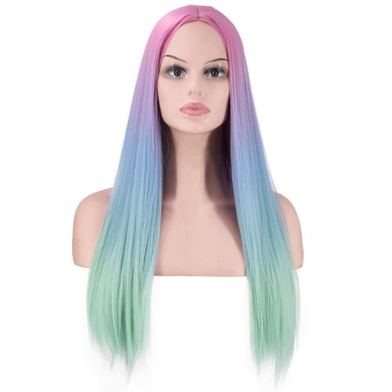 Mid-Section Dyed Wig, Gradient Long Straight Hair