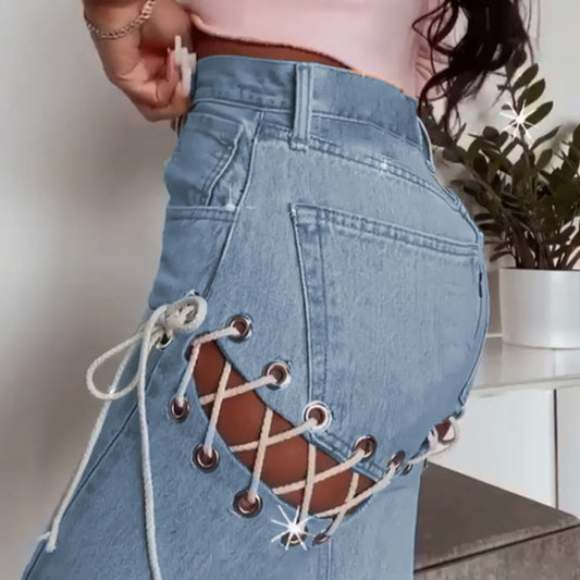 Jeans European And American High-Waisted Trousers Straight-Leg Jeans