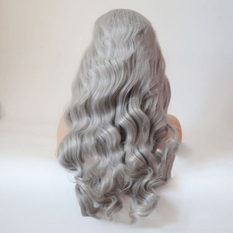 Mid-Point Silver-Grey Long Curly Hair Big Wave High Temperature Wire