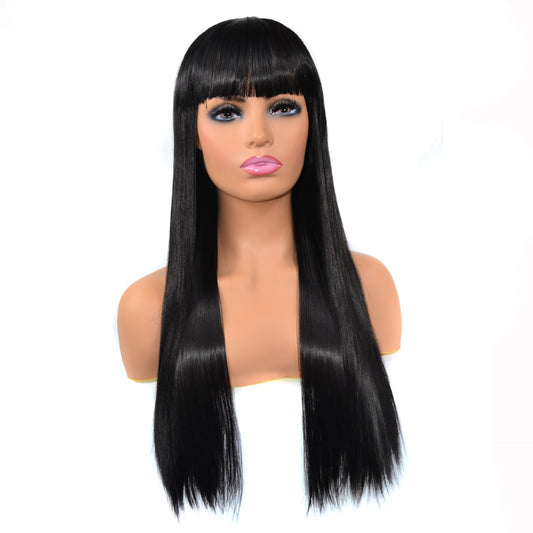 Amazon African Wig Headgear Female Long Straight Hair Full Bangs Wig Headgear Flat Bangs Wig Straight