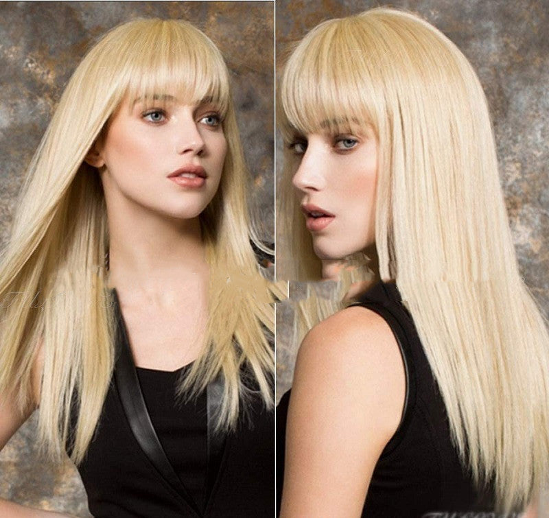Light Gold 613 Color Long Straight Hair Air Bangs Bangs Wig Set