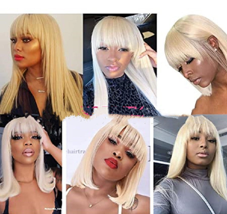 Light Gold 613 Color Long Straight Hair Air Bangs Bangs Wig Set