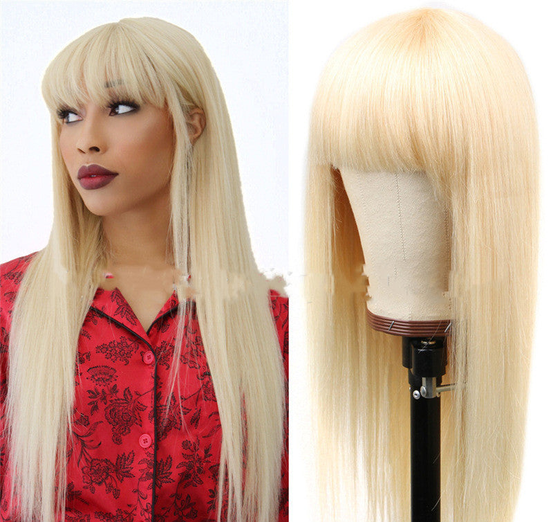 Light Gold 613 Color Long Straight Hair Air Bangs Bangs Wig Set