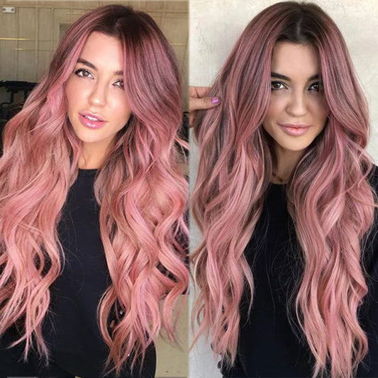 Lotus Root Pink Gradient Long Curly Hair High Temperature Silk Synthetic Headgear