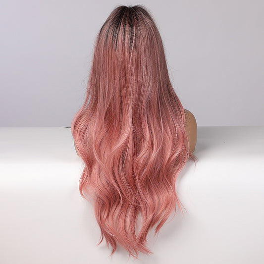 Lotus Root Pink Gradient Long Curly Hair High Temperature Silk Synthetic Headgear