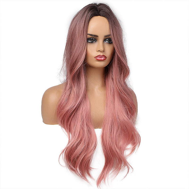 Lotus Root Pink Gradient Long Curly Hair High Temperature Silk Synthetic Headgear