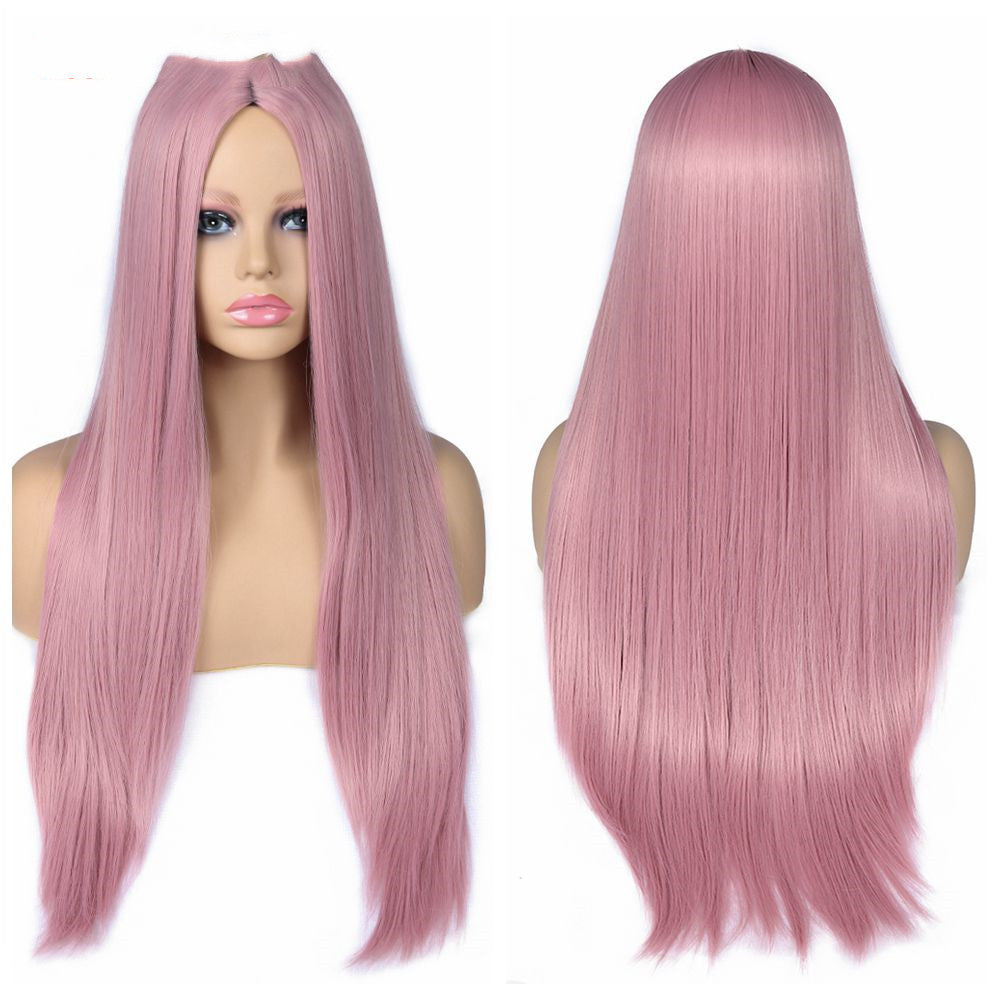Split Scalp Pink Long Straight Hair Chemical Fiber Wig Headgear