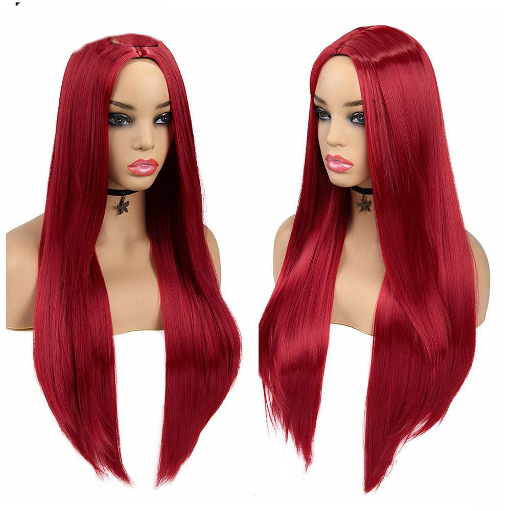 Split Scalp Pink Long Straight Hair Chemical Fiber Wig Headgear