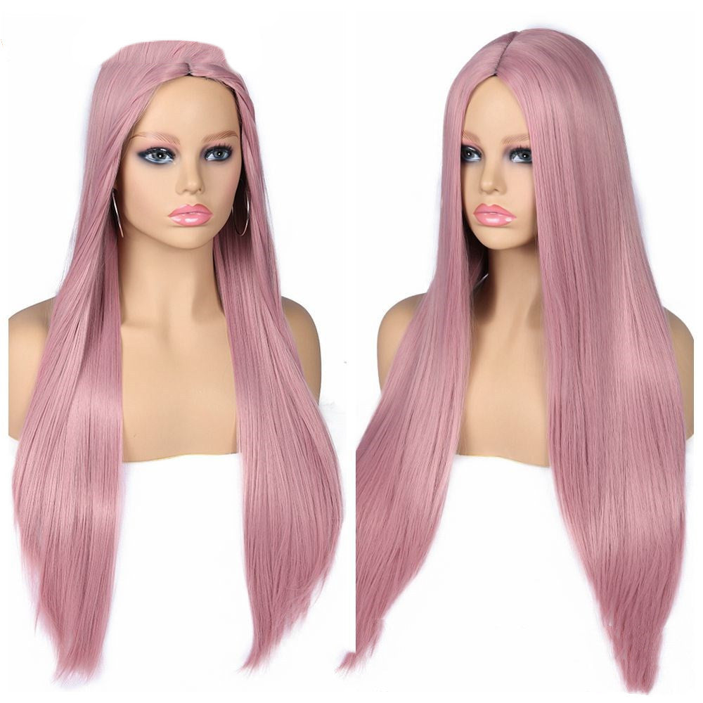 Split Scalp Pink Long Straight Hair Chemical Fiber Wig Headgear