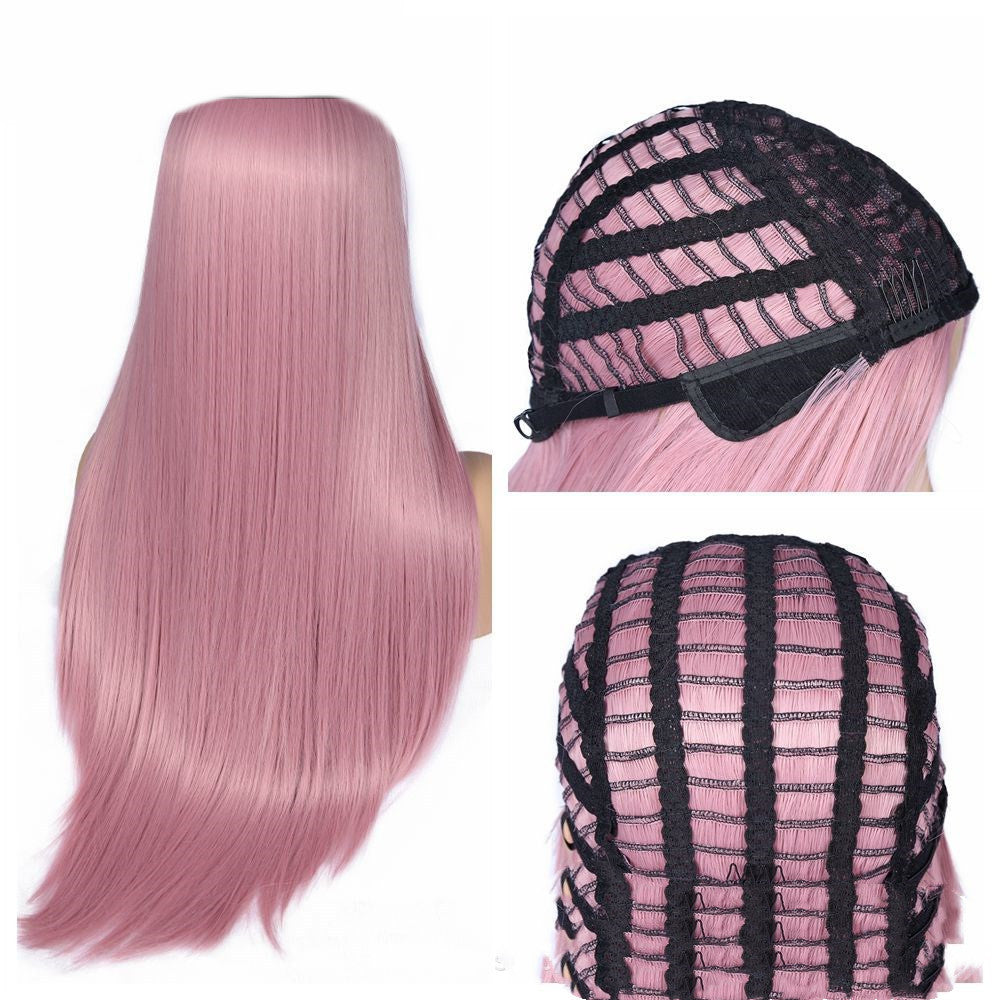 Split Scalp Pink Long Straight Hair Chemical Fiber Wig Headgear
