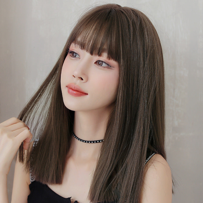 Wig Female Long Hair Full Headgear Black Long Straight Hair Natural Air Bangs