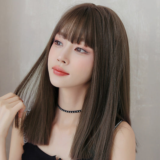 Wig Female Long Hair Full Headgear Black Long Straight Hair Natural Air Bangs