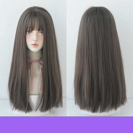 Wig Female Long Hair Full Headgear Black Long Straight Hair Natural Air Bangs