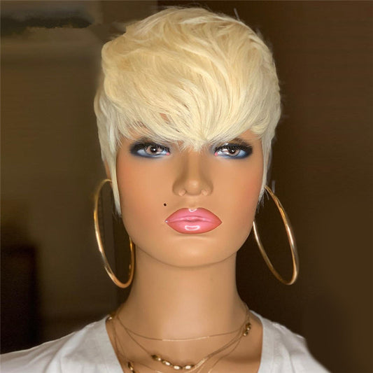 New Style Women's Wig Foreign Trade Europe And America Short Hair Light Golden Short Straight Hair Fluffy Cheap Button Mesh Chemical Fiber Hair Hood