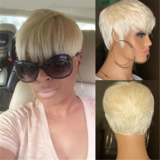 New Style Women's Wig Foreign Trade Europe And America Short Hair Light Golden Short Straight Hair Fluffy Cheap Button Mesh Chemical Fiber Hair Hood
