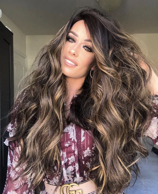 Ladies Brown Mid-section Big Wavy Long Curly Hair Mixed Color Highlighting Chemical Fiber Fake