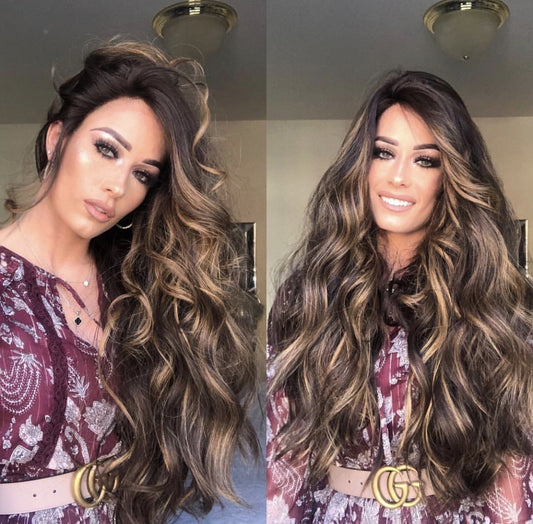 Ladies Brown Mid-section Big Wavy Long Curly Hair Mixed Color Highlighting Chemical Fiber Fake