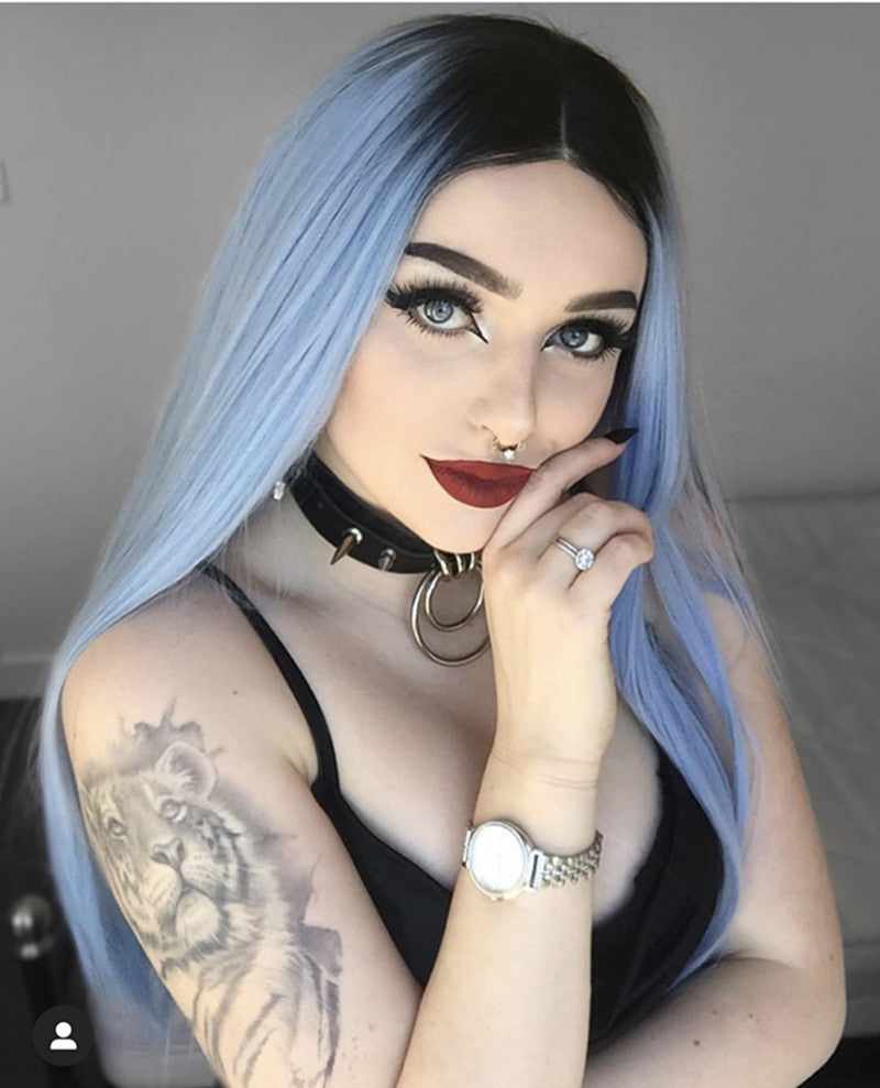 Dyed Long Straight Hair Center Split False Long Hair Black Gradient Sky Blue