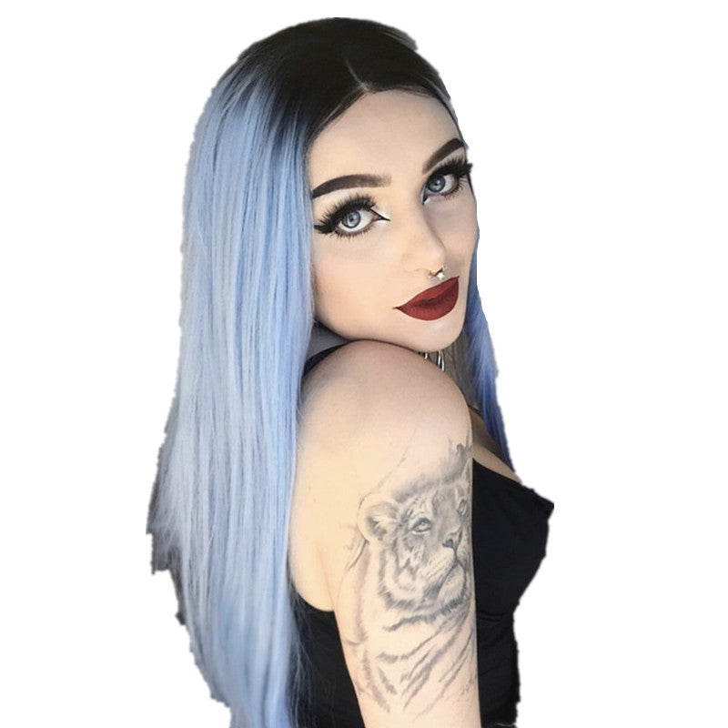 Dyed Long Straight Hair Center Split False Long Hair Black Gradient Sky Blue