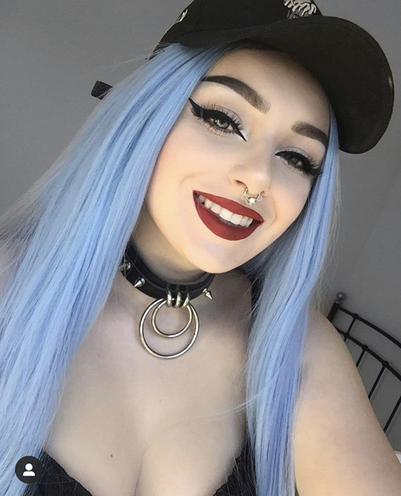 Dyed Long Straight Hair Center Split False Long Hair Black Gradient Sky Blue
