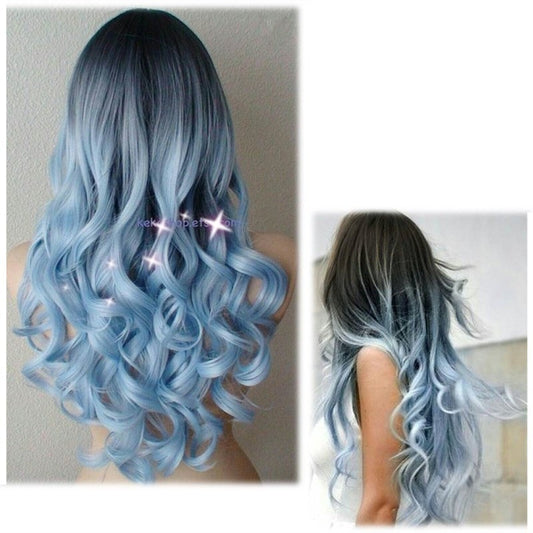 Ladies Black And Blue Gradient Long Curly Hair, High Temperature Silk