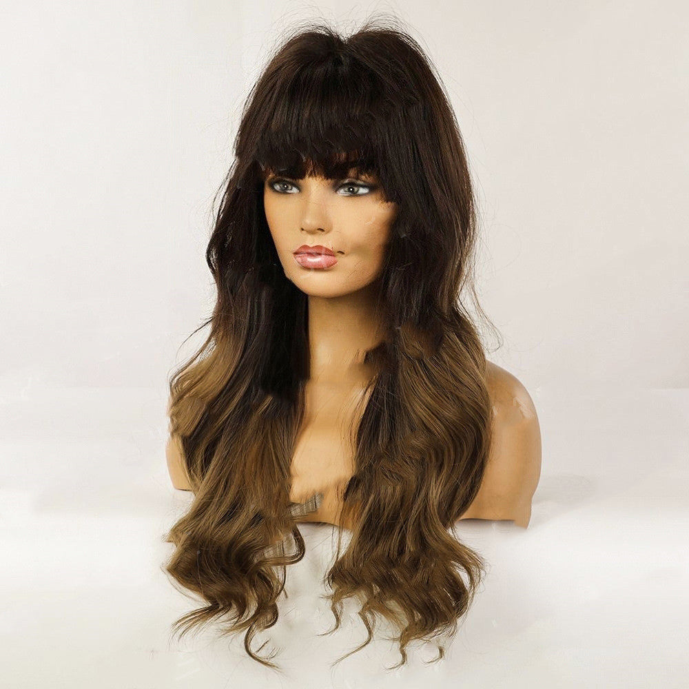 Air Bangs Wave Long Curly Hair Wig Female Full Headgear Brown Gradient Hair