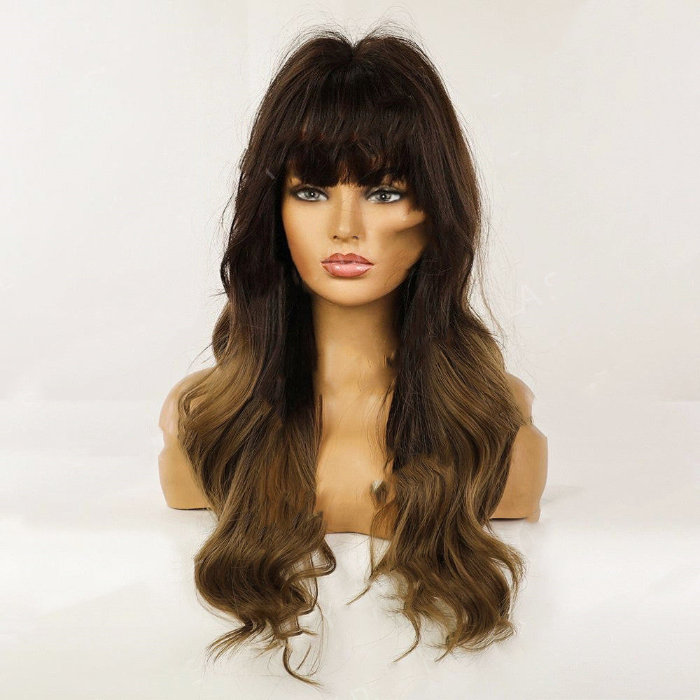 Air Bangs Wave Long Curly Hair Wig Female Full Headgear Brown Gradient Hair