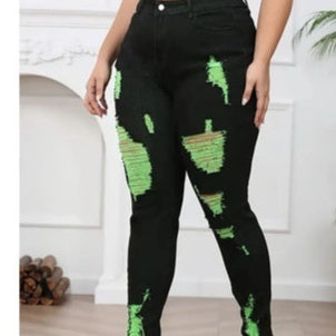 Denim Trousers High Waist Ripped Contrast Color
