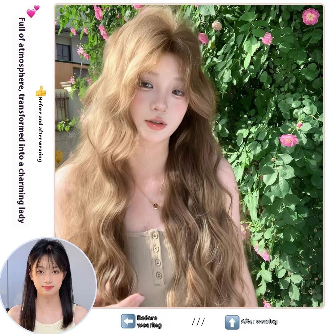 Wig Linen Brown Medium Long Curly Hair