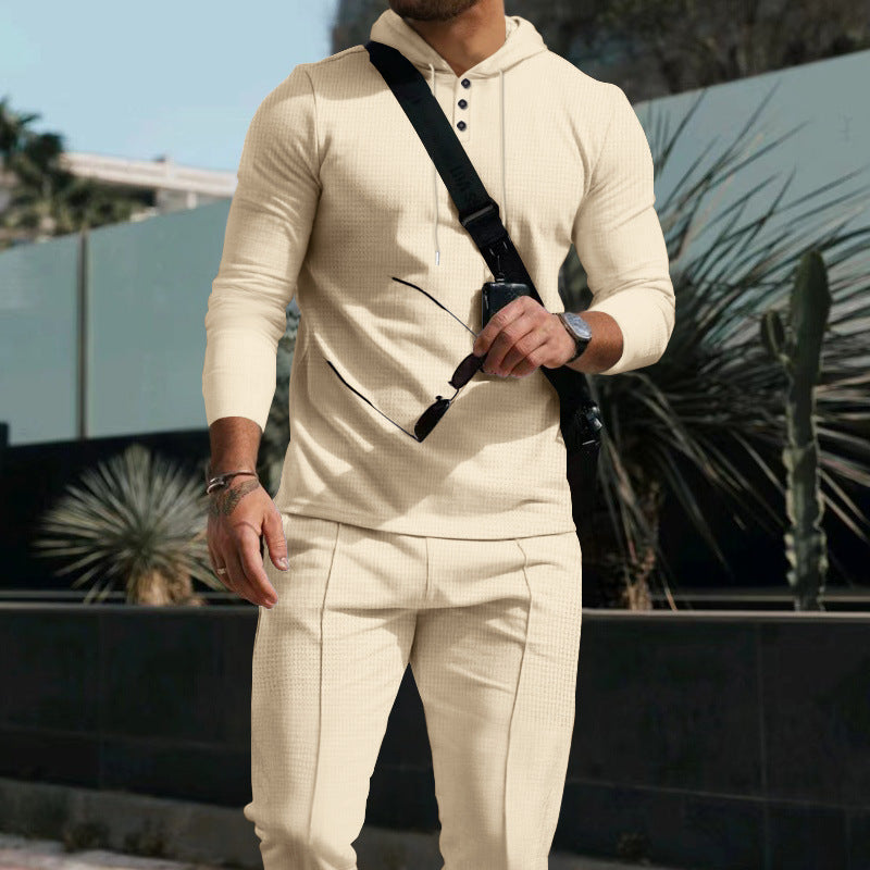 Waffle European And American Hooded Solid Color Long Sleeve Trousers Suit