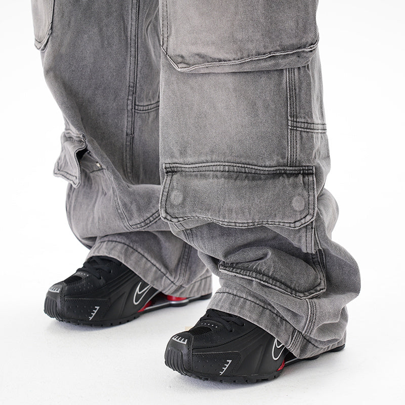 Distressed Multi-pocket Casual Loose Straight-leg Denim Overalls