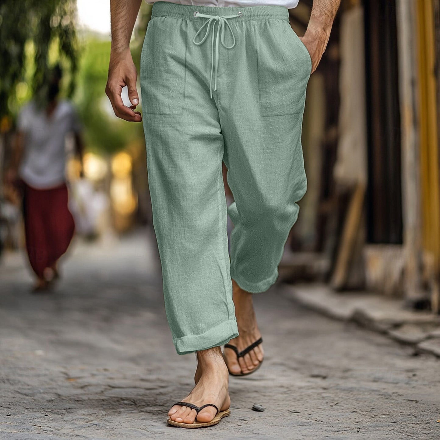 Men's Casual Summer Elastic Waist Drawstring Multi-pocket Cotton And Linen Trousers