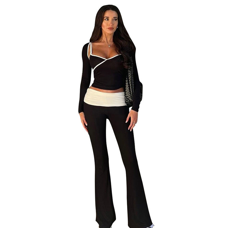 Color Matching Waist Casual Bootcut Trousers Women