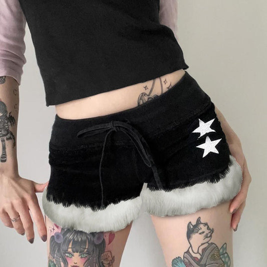Plush Panel Slim Tie Star Printed Velvet Shorts