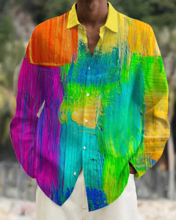 Gradient Digital Printing Lapel Long Sleeve Shirt Men