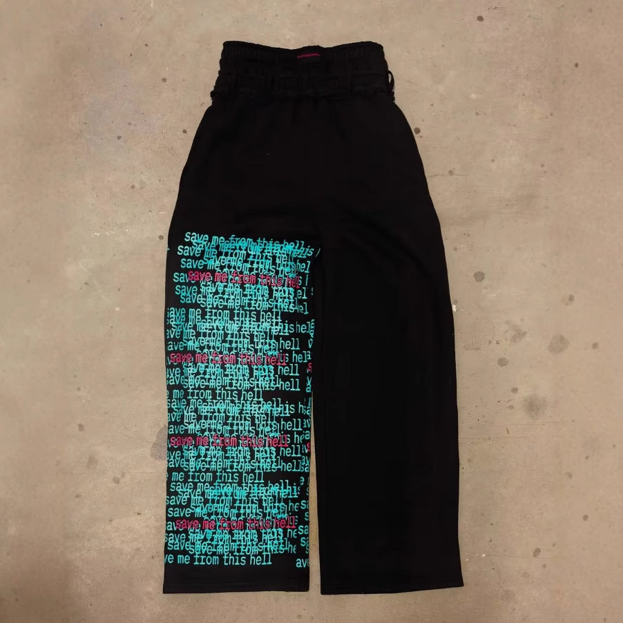 Hip Hop Contrast Color Double Pants Letter Floral Print Casual